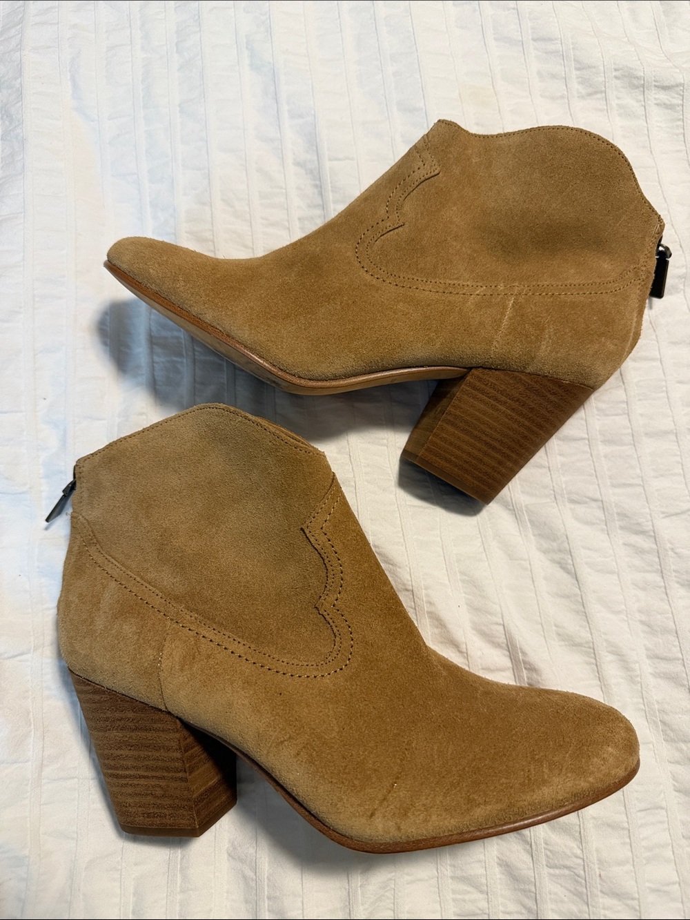 Ralph Lauren Polo Mazie Tan Suede Ankle Booties with Stacked Heel